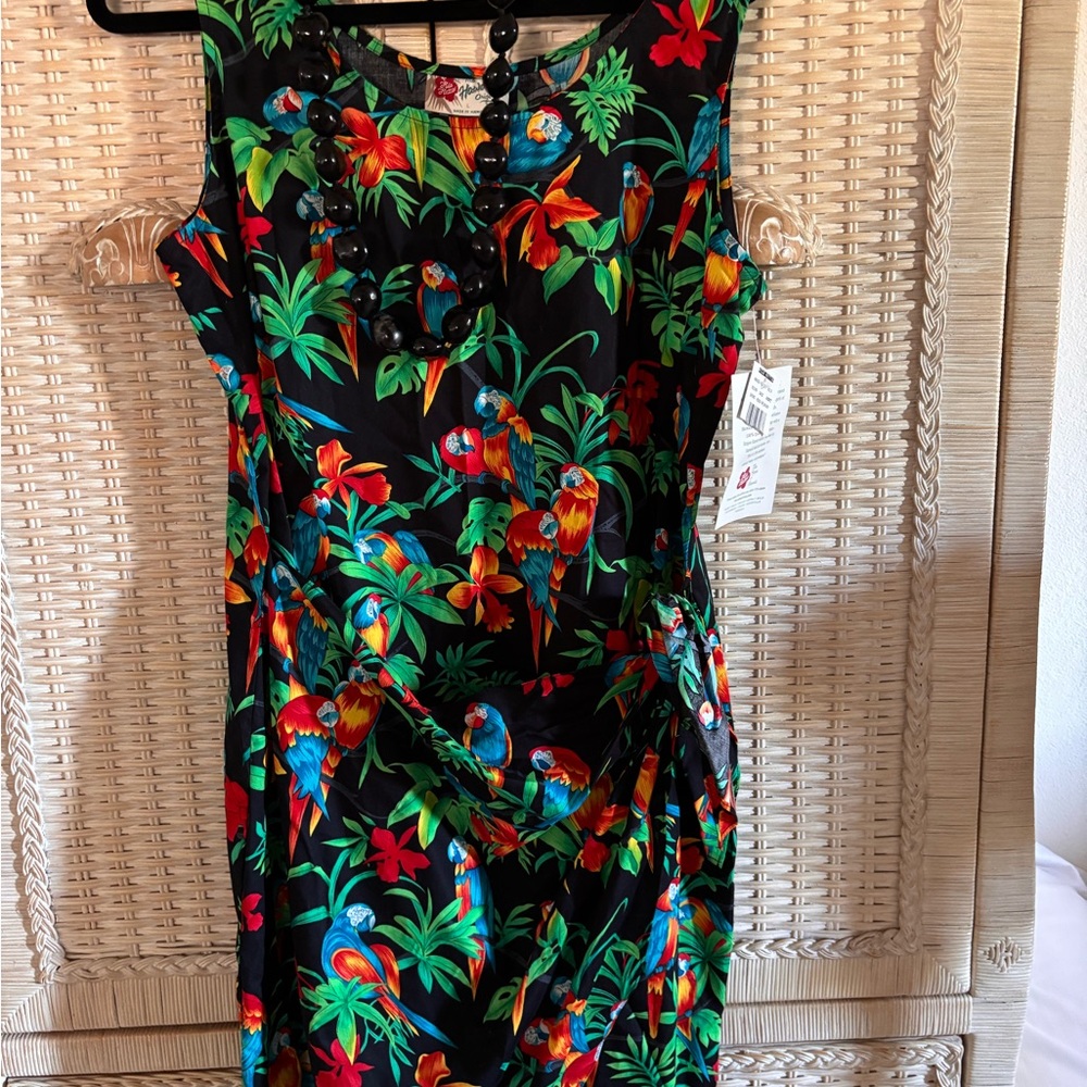 NWT Hilo Hattie Black Tropical Parrot Midi Dress